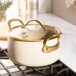 Bloomhouse 6 Quart Heavy Duty Aluminum Premium PFA Free Ceramic Nonstick Dutch Oven Pot With Lid - Linen White With Gold Handle -Cookware Store GUEST 0045092f de15 4094 b9b5 805e480ae50d