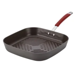 Rachael Ray 11" Hard-Anodized Nonstick Deep Square Grill Pan - Gray With Cranberry Red Handle: Griddle Pan, Rust-Resistant -Cookware Store GUEST 01ebba94 db46 4f66 99c0 8c4ec935cea6