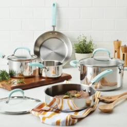 Rachael Ray Create Delicious 10pc Stainless Steel Cookware Set Light Blue Handles: Induction Safe, Dishwasher Safe