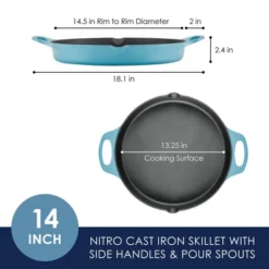Rachael Ray 14" Nitro Cast Iron Skillet With Side Handle Agave Blue: Double Handled, 14 Inch, Electric & Gas Compatible