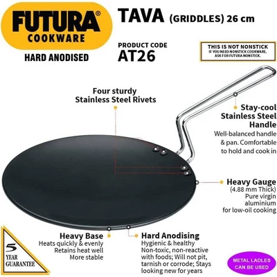 Hawkins Futura Hard Anodized Concave Tava Griddle With Steel Handle: Gas Compatible, Aluminum Surface, Hand Wash 3 Hawkins Futura Hard Anodized Concave Tava Griddle With Steel Handle: Gas Compatible, Aluminum Surface, Hand Wash