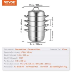 VEVOR Steamer Pot 11.8in/30cm, 5 Tier Steamer Pot For Cooking With 10QT Stock Pot, 3 Vegetable Steamers & 2 Steaming Trays, Silver -Cookware Store GUEST 0daa0adc 96fd 4d45 8218 9bbd3943905d