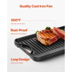 VEVOR Reversible Grill/Griddle, 20x10 Inch Pre-Seasoned Cast Iron Griddle, Portable Rectangular Pan With Handle, Family Cookware, Black -Cookware Store GUEST 15e0d0ee 209a 4878 80c3 10fd8612a5eb