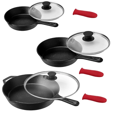 MegaChef Pre-Seasoned 9 Piece Cast Iron Skillet Set With Lids And Red Silicone Holder 10 MegaChef Pre-Seasoned 9 Piece Cast Iron Skillet Set With Lids And Red Silicone Holder - Image 8