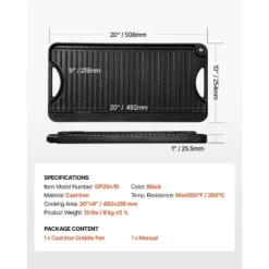 VEVOR Reversible Grill/Griddle, 20x10 Inch Pre-Seasoned Cast Iron Griddle, Portable Rectangular Pan With Handle, Family Cookware, Black -Cookware Store GUEST 1f4bb83c 7b0d 4935 9abd 1c07771dd62e