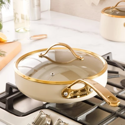 Bloomhouse 10 Inch Heavy Duty Aluminum Premium PFA Free Ceramic Nonstick Saute/Deep Frying Pan Skillet With Lid - Linen White With Gold Handle 10 Bloomhouse 10 Inch Heavy Duty Aluminum Premium PFA Free Ceramic Nonstick Saute/Deep Frying Pan Skillet With Lid - Linen White With Gold Handle - Image 8