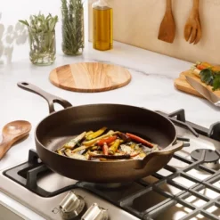 Bloomhouse Natural Bronze Finish Cast Iron Skillet With Long Handle, Helper Handle & Olive Wood Trivet