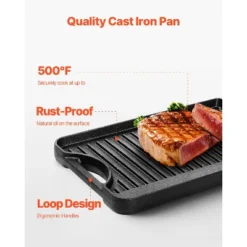 VEVOR Reversible Grill/Griddle, 14x8.5 Inch Pre-Seasoned Cast Iron Griddle, Portable Rectangular Pan With Handle, Family Cookware, Black -Cookware Store GUEST 27df7b99 5697 4c48 8fe2 6ac49d45526f