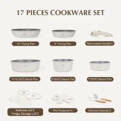 KOCH SYSTEME CS 17pcs Pots And Pans Set Non Stick, Nonstick Ceramic Cookware Set With Detachable Handle, Cream White