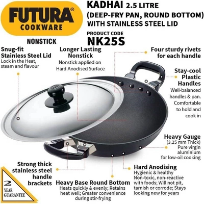 Hawkins Futura 2.5L Kadhai Fry Pan With Steel Lid: Anodized Aluminum, Gas Compatible, Hand Wash, 2-Piece Set 3 Hawkins Futura 2.5L Kadhai Fry Pan With Steel Lid: Anodized Aluminum, Gas Compatible, Hand Wash, 2-Piece Set