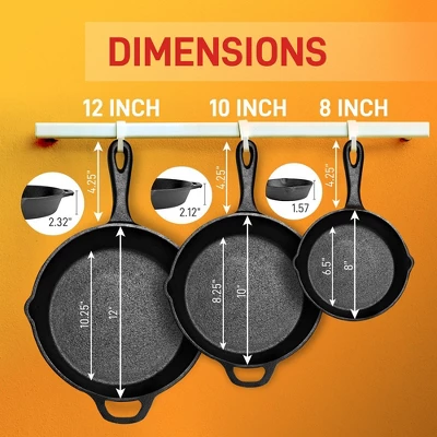 NutriChef 3-Piece Cast Iron Skillet Pan Set - Pre-Seasoned With Cool-Touch Handles - Black 4 NutriChef 3-Piece Cast Iron Skillet Pan Set - Pre-Seasoned With Cool-Touch Handles - Black - Image 2