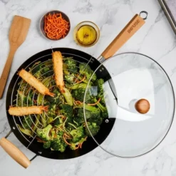 Infuse 4pc Wok Set: Aluminum Cookware, Gas & Electric Compatible, Includes Spoon & Storage Containers