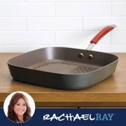 Rachael Ray 11" Hard-Anodized Nonstick Deep Square Grill Pan - Gray With Cranberry Red Handle: Griddle Pan, Rust-Resistant -Cookware Store GUEST 36ed7469 08a7 4706 a55a bfae5cf20068