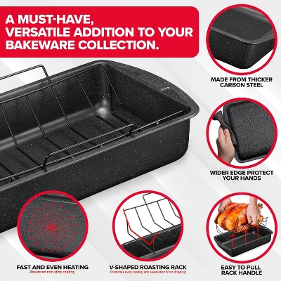 BAKKEN Nonstick Turkey Roasting Pan With Rack – 17 X 13 Inch, Large Heavy-Duty Carbon Steel Roasting Pan, Oven Safe Up To 450°F, Gray Marble 5 BAKKEN Nonstick Turkey Roasting Pan With Rack – 17 X 13 Inch, Large Heavy-Duty Carbon Steel Roasting Pan, Oven Safe Up To 450°F, Gray Marble - Image 3