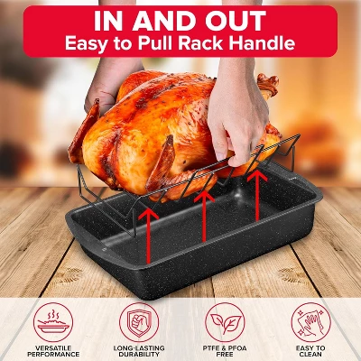 BAKKEN Nonstick Turkey Roasting Pan With Rack – 17 X 13 Inch, Large Heavy-Duty Carbon Steel Roasting Pan, Oven Safe Up To 450°F, Gray Marble 4 BAKKEN Nonstick Turkey Roasting Pan With Rack – 17 X 13 Inch, Large Heavy-Duty Carbon Steel Roasting Pan, Oven Safe Up To 450°F, Gray Marble - Image 2