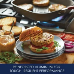 Rachael Ray 11" Hard-Anodized Nonstick Deep Square Grill Pan - Gray With Cranberry Red Handle: Griddle Pan, Rust-Resistant -Cookware Store GUEST 42dc6a79 1a85 4f60 9ce4 ea9e07d3cde1