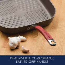 Rachael Ray 11" Hard-Anodized Nonstick Deep Square Grill Pan - Gray With Cranberry Red Handle: Griddle Pan, Rust-Resistant -Cookware Store GUEST 434e39e2 5f50 436c 8ce0 a490fc9ddd4c