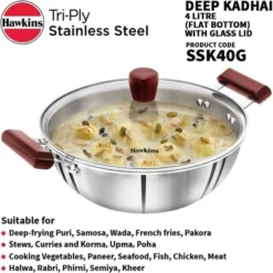 Hawkins 4L Tri Ply Stainless Steel Induction Compatible Deep Fry Pan Kadhai With Glass Lid: Hand Wash, Gas & Induction Safe -Cookware Store GUEST 46b7ae71 f859 4715 b9cc bfec8f4a8858