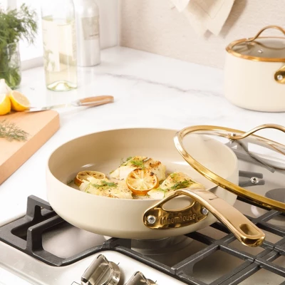 Bloomhouse 10 Inch Heavy Duty Aluminum Premium PFA Free Ceramic Nonstick Saute/Deep Frying Pan Skillet With Lid - Linen White With Gold Handle 11 Bloomhouse 10 Inch Heavy Duty Aluminum Premium PFA Free Ceramic Nonstick Saute/Deep Frying Pan Skillet With Lid - Linen White With Gold Handle - Image 9