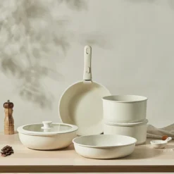 BRINJOY 17-Piece Ceramic Cookware Set - Detachable Handle Non-Toxic Induction RV Kitchen Set, Cream White -Cookware Store GUEST 50577f9a 076d 4517 9b4c 3da920da1394