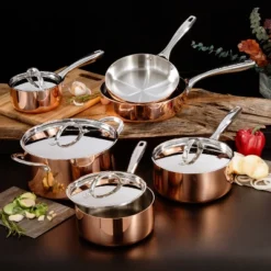 BergHOFF Vintage Tri-Ply Copper Stainless Steel Cookware Set With Stainless Steel Lids, Gold