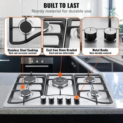 Gas Cooktop 30 Inch, Max 12250BTU 5 Burners Built-in Stainless Steel Gas Stove Top 4 Gas Cooktop 30 Inch, Max 12250BTU 5 Burners Built-in Stainless Steel Gas Stove Top - Image 2