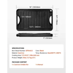 VEVOR Reversible Grill/Griddle, 14x8.5 Inch Pre-Seasoned Cast Iron Griddle, Portable Rectangular Pan With Handle, Family Cookware, Black -Cookware Store GUEST 57c4c5b1 5974 4ffa a017 ec843a262be3