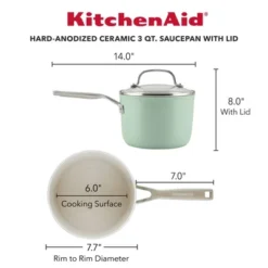 KitchenAid Hard Anodized 3qt Nonstick Ceramic Cookware Sauce Pan With Lid - Pistachio: Stainless Handle, Tempered Glass Lid