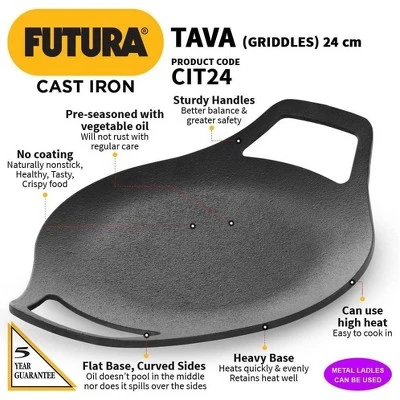 Hawkins Futura 24" Cast Iron Griddle Tava: Hand Wash, Gas Compatible, 1 Year Warranty, 4.2 Lbs, Red 3 Hawkins Futura 24" Cast Iron Griddle Tava: Hand Wash, Gas Compatible, 1 Year Warranty, 4.2 Lbs, Red