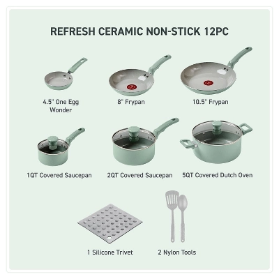 T-fal 12pc Ceramic Nonstick Cookware Set, Refresh Ceramic, Mint Green 3 T-fal 12pc Ceramic Nonstick Cookware Set, Refresh Ceramic, Mint Green