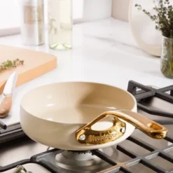 Bloomhouse 8 Inch Heavy Duty Aluminum Premium PFA Free Ceramic Nonstick Saute/Deep Frying Pan Skillet - Linen White With Gold Handle -Cookware Store GUEST 5f743b63 d3ed 4b3f 9346 0de7cec69d40