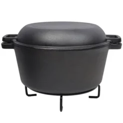 DSVIMOY 2-In-1 Dutch Oven With Dual Handles, 5 Quart Outdoor Camping Deep Pot With Pot Rack For Camping Fireplace Cooking, Black, 12.5"*10.2"*6.2"