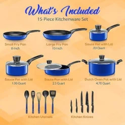 SereneLife 20 Piece Kitchenware Pots & Pans Set – Basic Kitchen Cookware, Black Non-Stick Coating Inside, Heat Resistant Lacquer (Blue)