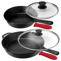 MegaChef Pre-Seasoned 6 Piece Cast Iron Skillet Set With Lids And Red Silicone Holders -Cookware Store GUEST 787b4958 4667 4abb 9dcd d73fa02c28a5