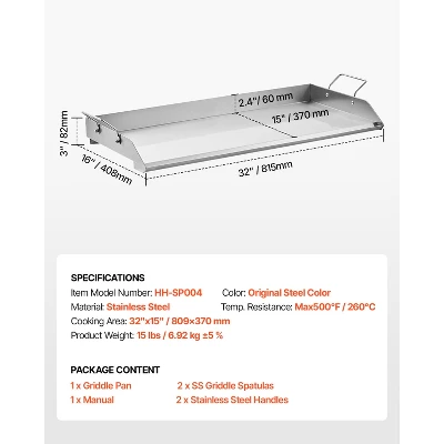 VEVOR Stainless Steel Griddle, 32x16 Inch Universal Flat Top Rectangular Plate, Gas Grill Griddle For BBQ Grill, Teppanyaki, Silver 9 VEVOR Stainless Steel Griddle, 32x16 Inch Universal Flat Top Rectangular Plate, Gas Grill Griddle For BBQ Grill, Teppanyaki, Silver - Image 7