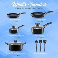 SereneLife 11 Piece Kitchenware Pots & Pans Set โ Basic Kitchen Cookware, Black Non-Stick Coating Inside, Heat Resistant Lacquer (Black)