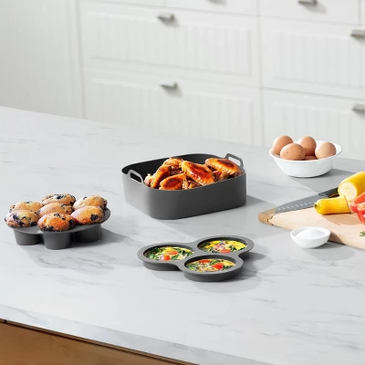 Gourmia Reusable 3pc Silicone Air Fryer Accessory Set With Basket Liner, Egg Bites Mold & Muffin Pan: Dishwasher-Safe, Hand Wash, Black, 1.49 Lbs 4 Gourmia Reusable 3pc Silicone Air Fryer Accessory Set With Basket Liner, Egg Bites Mold & Muffin Pan: Dishwasher-Safe, Hand Wash, Black, 1.49 Lbs - Image 2