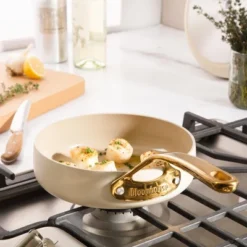 Bloomhouse 8 Inch Heavy Duty Aluminum Premium PFA Free Ceramic Nonstick Saute/Deep Frying Pan Skillet - Linen White With Gold Handle -Cookware Store GUEST 866afbff 54c4 476d a2b4 19a430982f6f