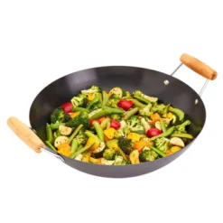 Infuse 14" Open Wok With Bamboo Side Handle: Carbon Steel Nonstick, Gas & Induction Compatible, Hand Wash, 1-Year Warranty