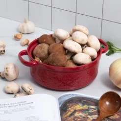 Itopfox Lace Emboss Casserole Dish With Lid, 2 Quart Ceramic Round Serving Dish For Oven To Table, Dinner And Party, Christmas Gifts In Classic Red -Cookware Store GUEST 8ab2a895 563c 4115 be28 4940b8640c37