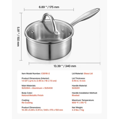 VEVOR 1.5 QT Saucepan, Stainless Steel Saucepan With Glass Lid, Multipurpose Nonstick Stainless Steel Small Cooking Sauce Pot, Silver 9 VEVOR 1.5 QT Saucepan, Stainless Steel Saucepan With Glass Lid, Multipurpose Nonstick Stainless Steel Small Cooking Sauce Pot, Silver - Image 7