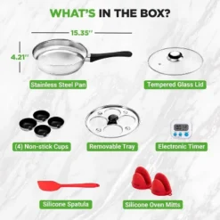 NutriChef Stainless Steel Egg Poacher With 4 Non-Stick Cups, Glass Lid, Oven Mitt, Timer, And Spatula (Silver)
