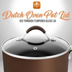 NutriChef Dutch Oven Tempered Glass Pot Lid - 9.45 Inch - Stainless Rim - Oven Safe