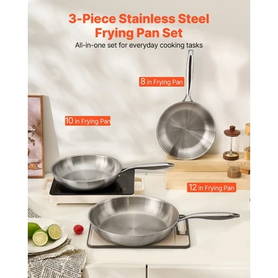 VEVOR Tri-Ply Stainless Steel Frying Pan, 3 Pcs Set (8, 10, 12 In), Cooking Skillet With Heat-Resistant Handle, Silver 4 VEVOR Tri-Ply Stainless Steel Frying Pan, 3 Pcs Set (8, 10, 12 In), Cooking Skillet With Heat-Resistant Handle, Silver - Image 2