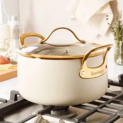 Bloomhouse 6 Quart Heavy Duty Aluminum Premium PFA Free Ceramic Nonstick Dutch Oven Pot With Lid - Linen White With Gold Handle -Cookware Store GUEST 9c9fdae7 d35b 4e14 b993 56e11af20036