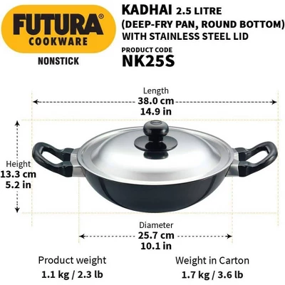 Hawkins Futura 2.5L Kadhai Fry Pan With Steel Lid: Anodized Aluminum, Gas Compatible, Hand Wash, 2-Piece Set 4 Hawkins Futura 2.5L Kadhai Fry Pan With Steel Lid: Anodized Aluminum, Gas Compatible, Hand Wash, 2-Piece Set - Image 2