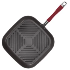 Rachael Ray 11" Hard-Anodized Nonstick Deep Square Grill Pan - Gray With Cranberry Red Handle: Griddle Pan, Rust-Resistant -Cookware Store GUEST a47c55f7 e1ba 43a9 9ff7 f26235e26437