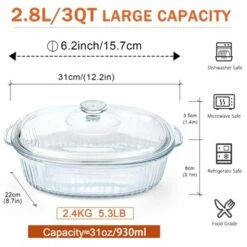 Itopfox 2.8L Glass Casserole Baking Dish With Lid, Large Oval Dish For Oven, Freezer & Microwave, Clear Container