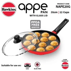 Hawkins 12c Nonstick Appe Pan With Glass Lid: Aluminum Fry Pan, Gas Compatible, Hand Wash, 1-Year Warranty, Red