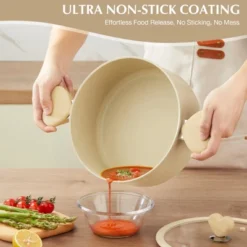 KOCH SYSTEME CS 6qt Aluminum Stock Pot With Nonstick Cream Interior, Nonstick Soup Pots With Glass Lid & Stainless Steel Handles,Dishwasher-Safe